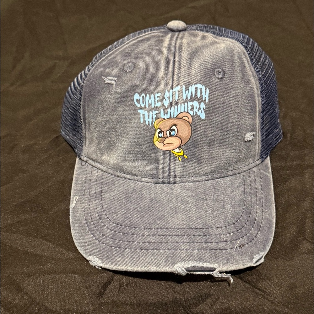 Navy Distressed Blue stylish Cap with Bear and blue Graphic logo.
